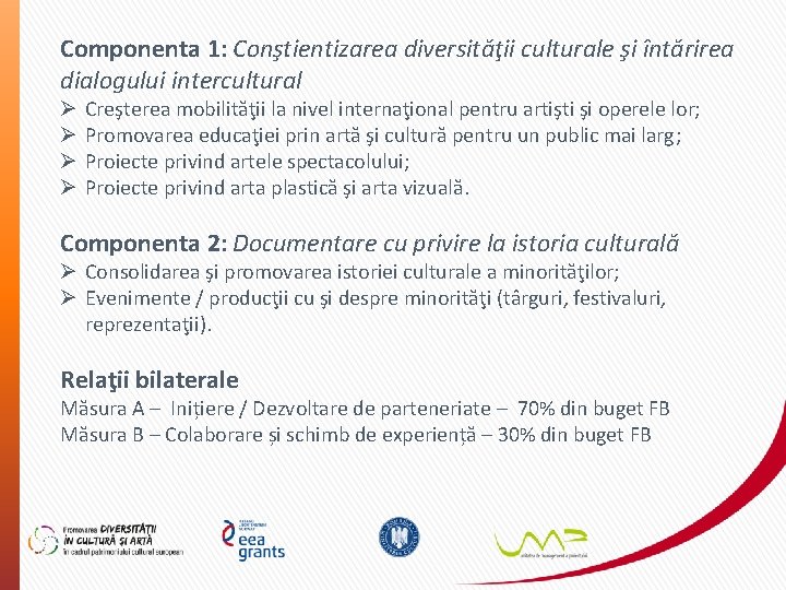 Componenta 1: Conştientizarea diversităţii culturale şi întărirea dialogului intercultural Ø Ø Creşterea mobilităţii la