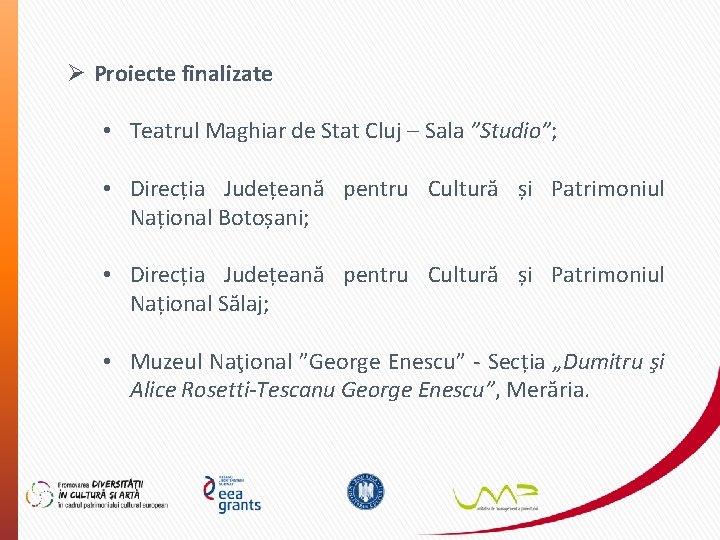 Ø Proiecte finalizate • Teatrul Maghiar de Stat Cluj – Sala ”Studio”; • Direcția