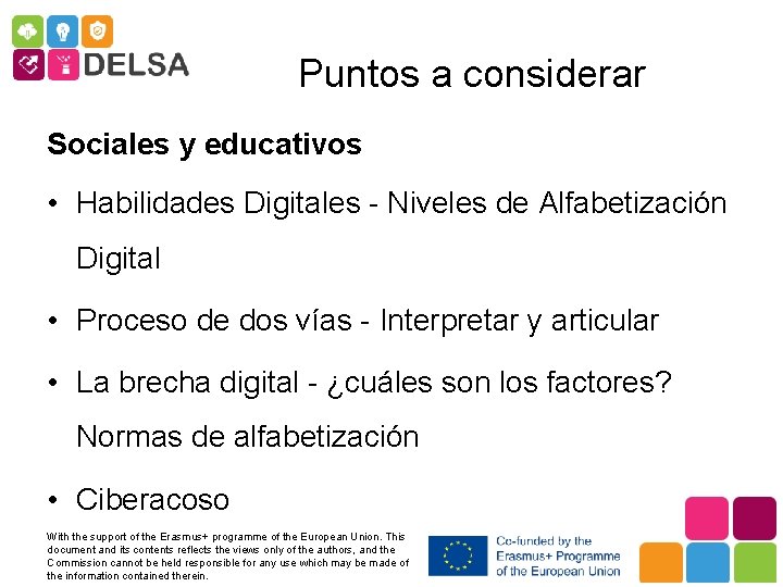 Puntos a considerar Sociales y educativos • Habilidades Digitales - Niveles de Alfabetización Digital