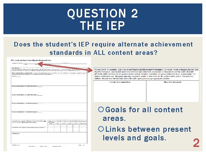 QUESTION 2 THE IEP Does the student’s IEP require alternate achievement standards in ALL