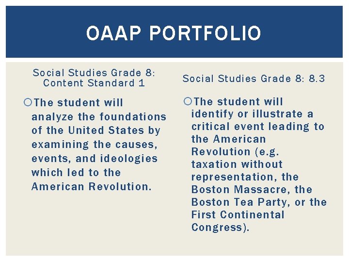 OAAP PORTFOLIO Social Studies Grade 8: Content Standard 1 The student will analyze the