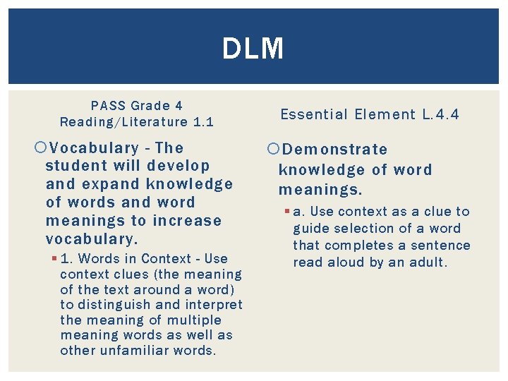 DLM PASS Grade 4 Reading/Literature 1. 1 Vocabulary - The student will develop and