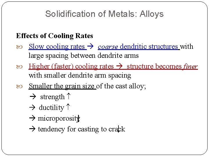 Solidification of Metals: Alloys Effects of Cooling Rates Slow cooling rates coarse dendritic structures