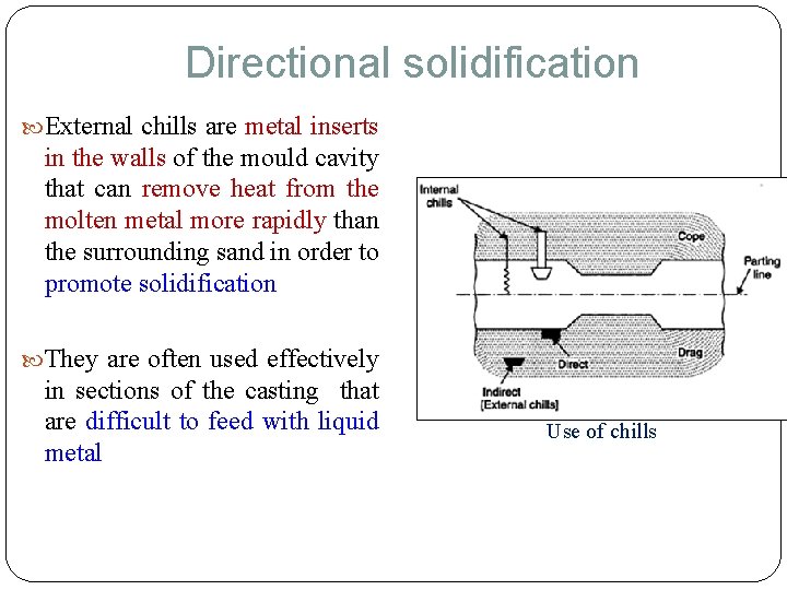 Directional solidification External chills are metal inserts in the walls of the mould cavity