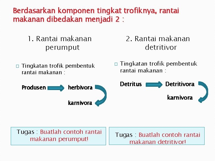 Berdasarkan komponen tingkat trofiknya, rantai makanan dibedakan menjadi 2 : 1. Rantai makanan perumput