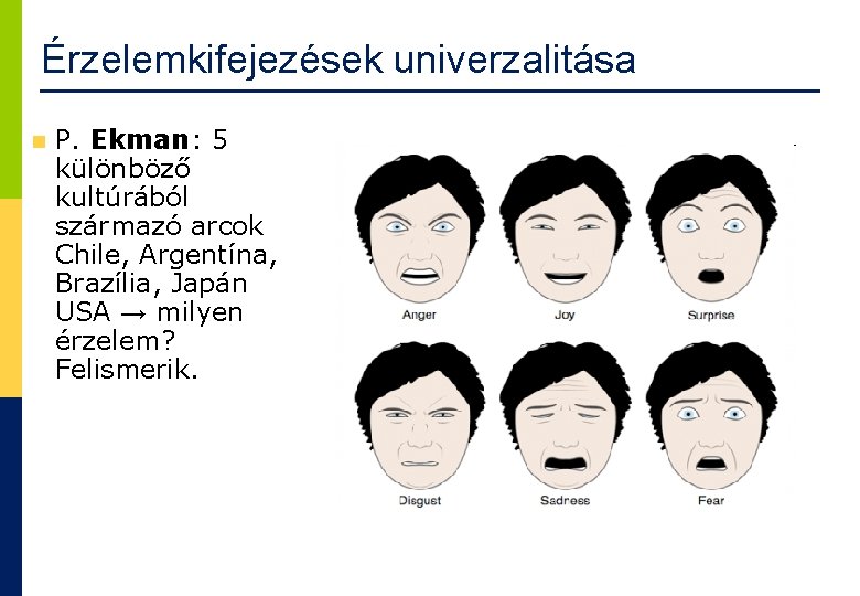 Érzelemkifejezések univerzalitása P. Ekman: 5 különböző kultúrából származó arcok Chile, Argentína, Brazília, Japán USA