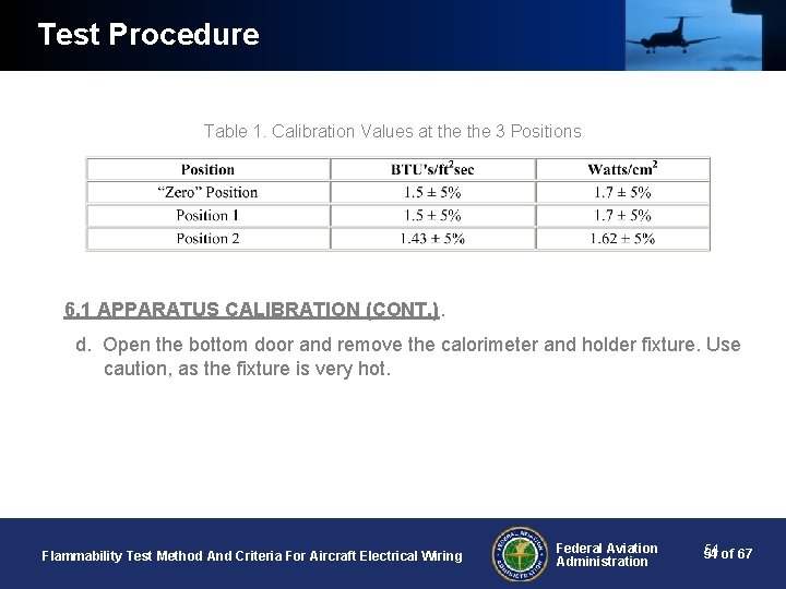 Test Procedure Table 1. Calibration Values at the 3 Positions 6. 1 APPARATUS CALIBRATION