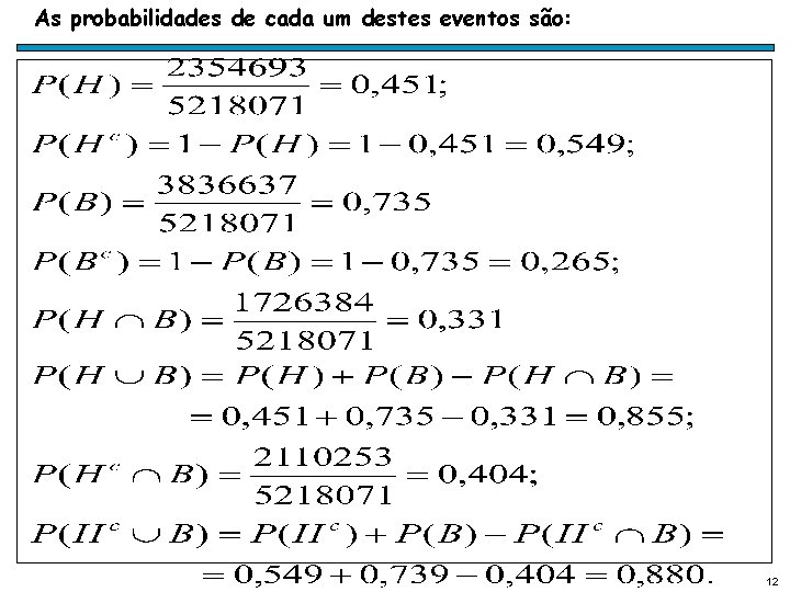 As probabilidades de cada um destes eventos são: 12 