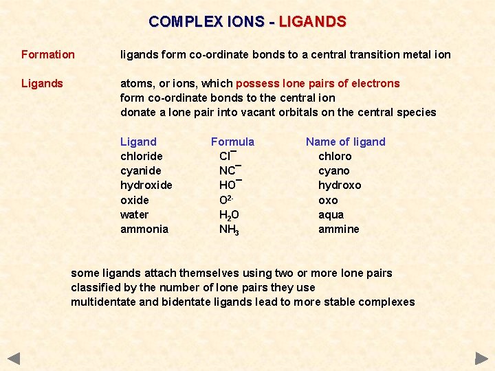 COMPLEX IONS - LIGANDS Formation ligands form co-ordinate bonds to a central transition metal COMPLEX IONS - LIGANDS Formation ligands form co-ordinate bonds to a central transition metal