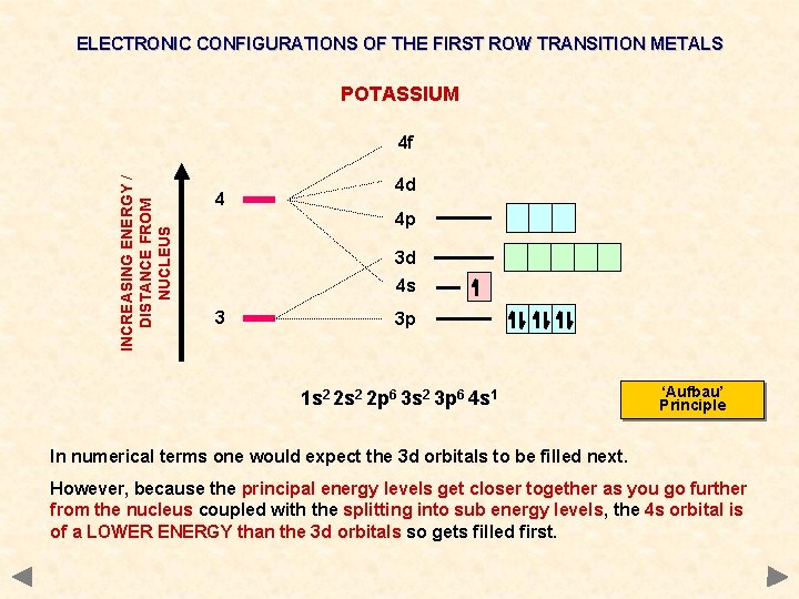 ELECTRONIC CONFIGURATIONS OF THE FIRST ROW TRANSITION METALS POTASSIUM INCREASING ENERGY / DISTANCE FROM ELECTRONIC CONFIGURATIONS OF THE FIRST ROW TRANSITION METALS POTASSIUM INCREASING ENERGY / DISTANCE FROM