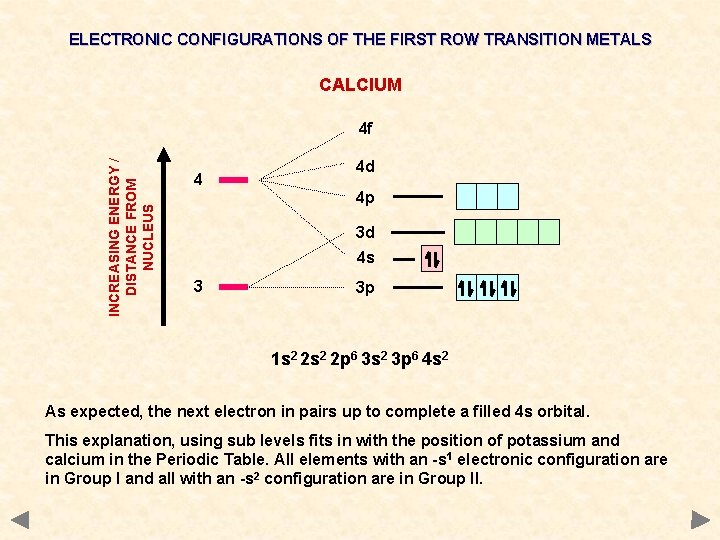 ELECTRONIC CONFIGURATIONS OF THE FIRST ROW TRANSITION METALS CALCIUM INCREASING ENERGY / DISTANCE FROM ELECTRONIC CONFIGURATIONS OF THE FIRST ROW TRANSITION METALS CALCIUM INCREASING ENERGY / DISTANCE FROM