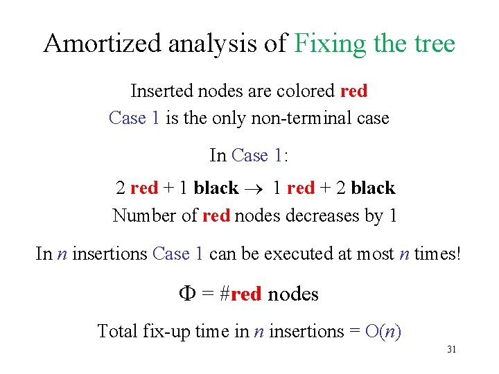 Amortized analysis of Fixing the tree Inserted nodes are colored Case 1 is the