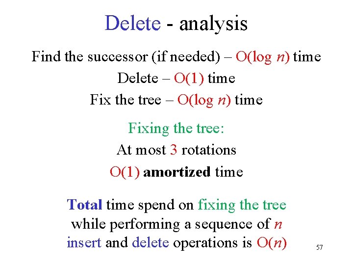 Delete - analysis Find the successor (if needed) – O(log n) time Delete –