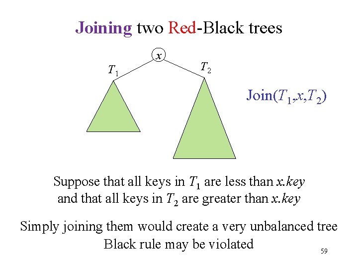 Joining two Red-Black trees x T 1 T 2 Join(T 1, x, T 2)