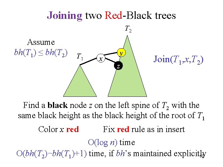 Joining two Red-Black trees T 2 Assume bh(T 1) ≤ bh(T 2) T 1