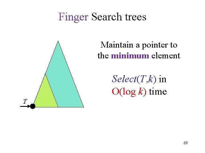 Finger Search trees Maintain a pointer to the minimum element Select(T, k) in O(log