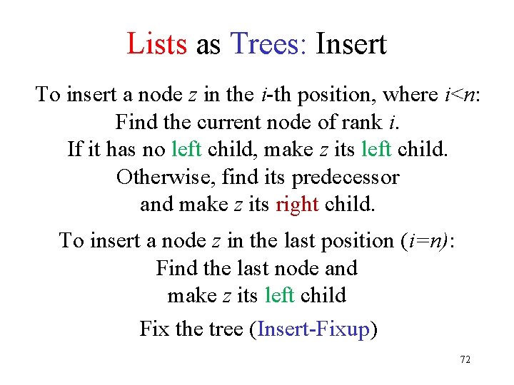 Lists as Trees: Insert To insert a node z in the i-th position, where