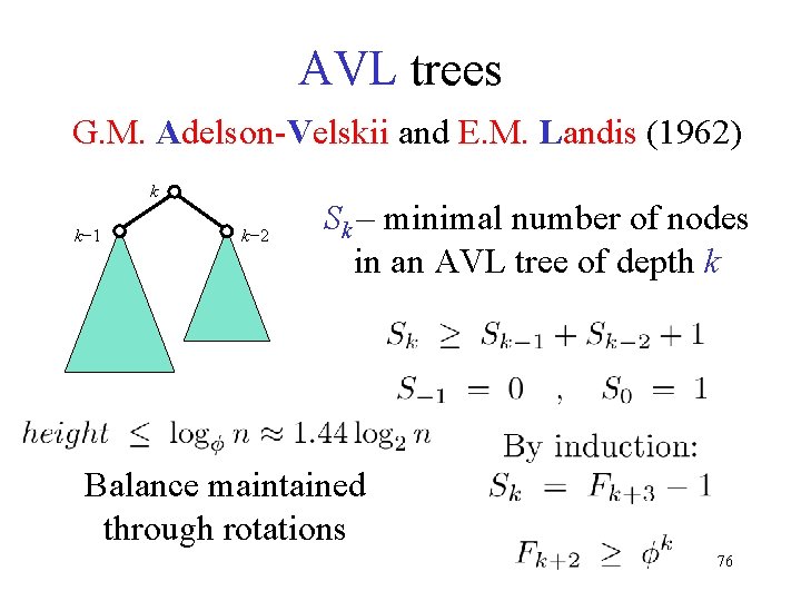 AVL trees G. M. Adelson-Velskii and E. M. Landis (1962) k k− 1 k−