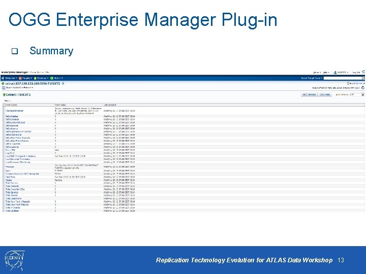 OGG Enterprise Manager Plug-in q Summary Replication Technology Evolution for ATLAS Data Workshop 13