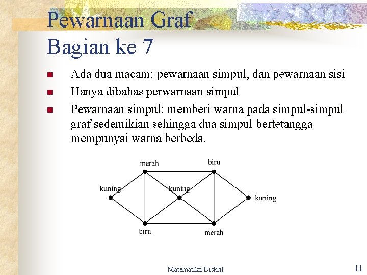 Pewarnaan Graf Bagian ke 7 n n n Ada dua macam: pewarnaan simpul, dan