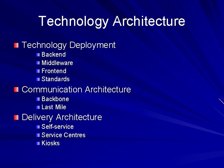Technology Architecture Technology Deployment Backend Middleware Frontend Standards Communication Architecture Backbone Last Mile Delivery