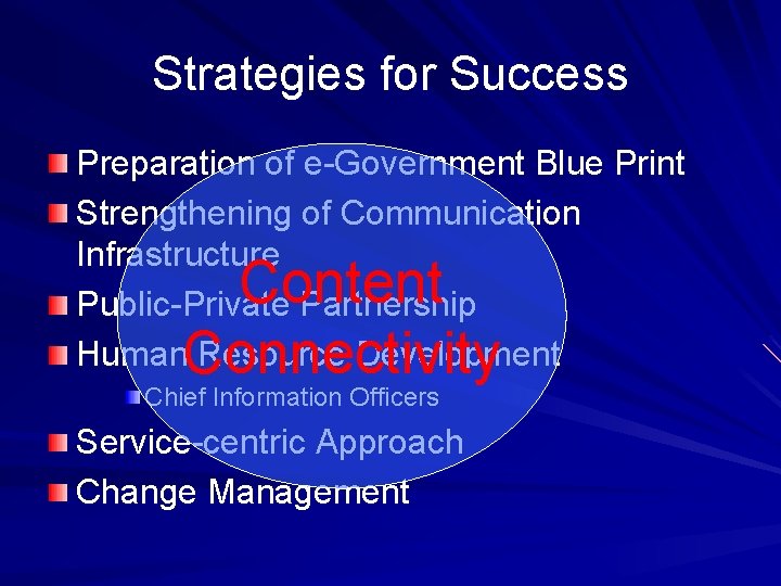 Strategies for Success Preparation of e-Government Blue Print Strengthening of Communication Infrastructure Public-Private Partnership