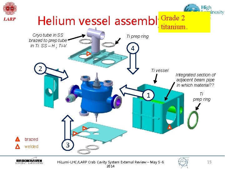 Helium vessel assembly. Grade 2 titanium. Cryo tube in SS brazed to prep tube