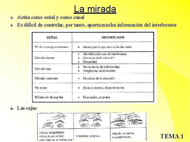 La mirada Actúa como señal y como canal Es difícil de controlar, por tanto,