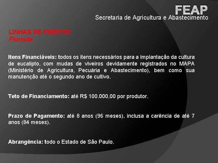 FEAP Secretaria de Agricultura e Abastecimento LINHAS DE CRÉDITO Floresta Itens Financiáveis: todos os