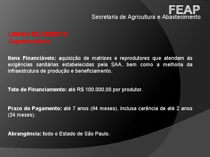 FEAP Secretaria de Agricultura e Abastecimento LINHAS DE CRÉDITO Caprinocultura Itens Financiáveis: aquisição de