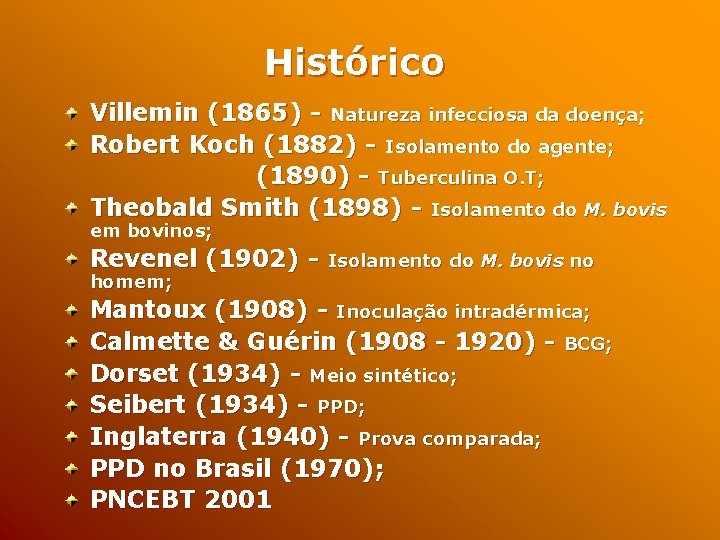 Histórico Villemin (1865) - Natureza infecciosa da doença; Robert Koch (1882) - Isolamento do