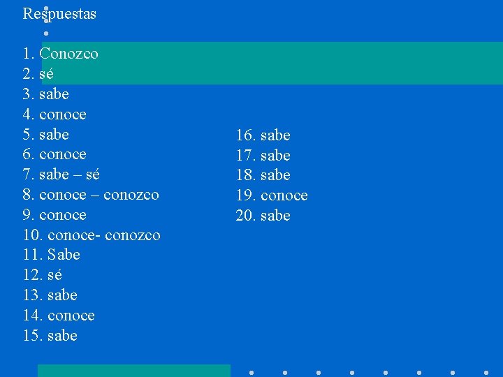 Respuestas 1. Conozco 2. sé 3. sabe 4. conoce 5. sabe 6. conoce 7.