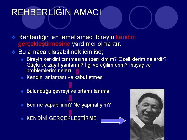 REHBERLİĞİN AMACI Rehberliğin en temel amacı bireyin kendini gerçekleştirmesine yardımcı olmaktır. v Bu amaca