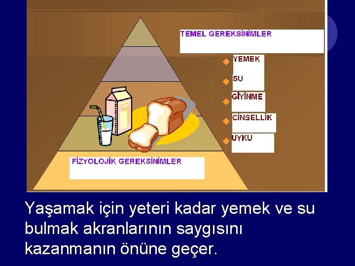 Yaşamak için yeteri kadar yemek ve su bulmak akranlarının saygısını kazanmanın önüne geçer. 