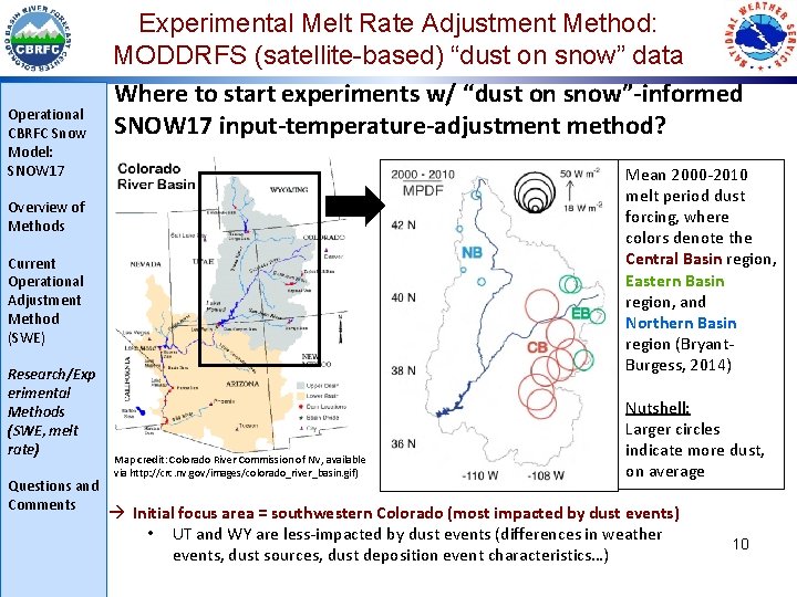 Operational CBRFC Snow Model: SNOW 17 Experimental Melt Rate Adjustment Method: MODDRFS (satellite-based) “dust