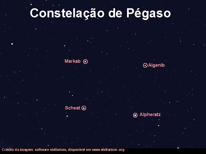 Constelação de Pégaso Markab Algenib Scheat Alpheratz Crédito da imagem: software stellarium, disponível em