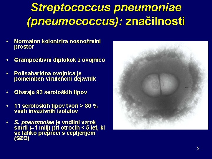 Streptococcus pneumoniae (pneumococcus): značilnosti • Normalno kolonizira nosnožrelni prostor • Grampozitivni diplokok z ovojnico