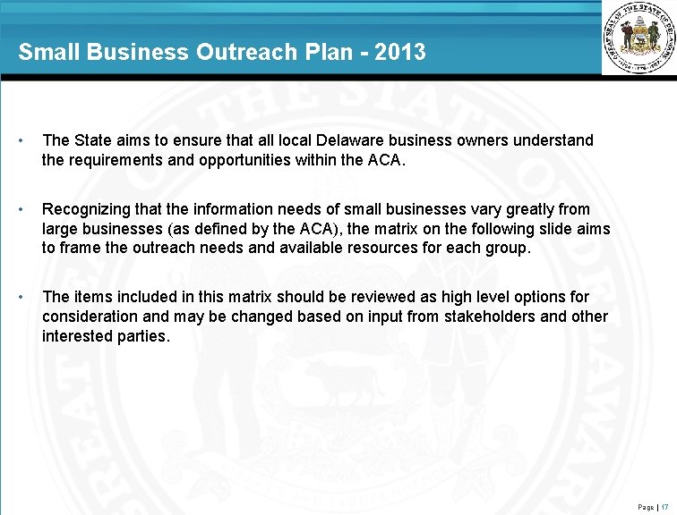 Small Business Outreach Plan - 2013 • The State aims to ensure that all