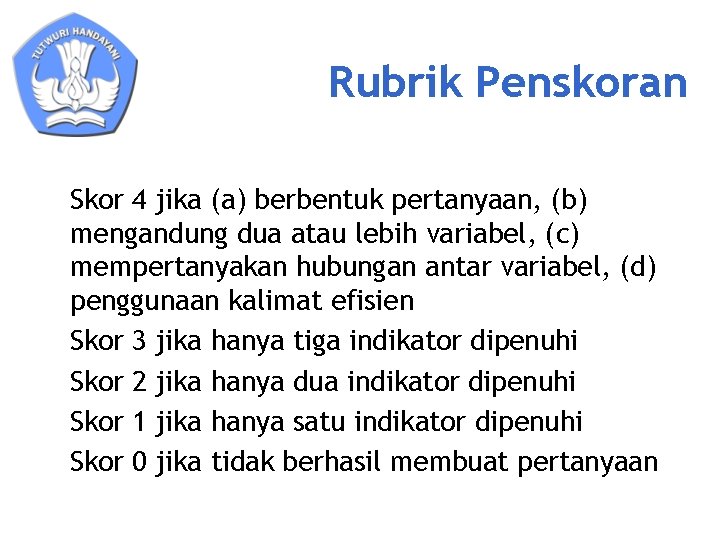 Rubrik Penskoran Skor 4 jika (a) berbentuk pertanyaan, (b) mengandung dua atau lebih variabel,