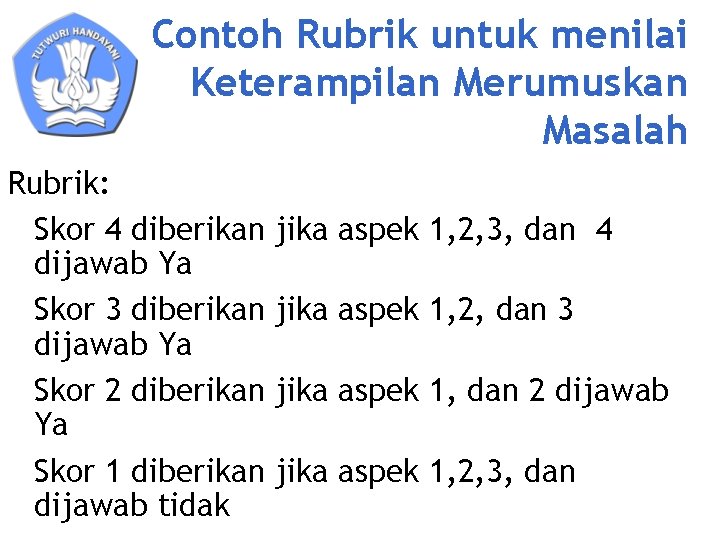 Contoh Rubrik untuk menilai Keterampilan Merumuskan Masalah Rubrik: Skor 4 diberikan dijawab Ya Skor