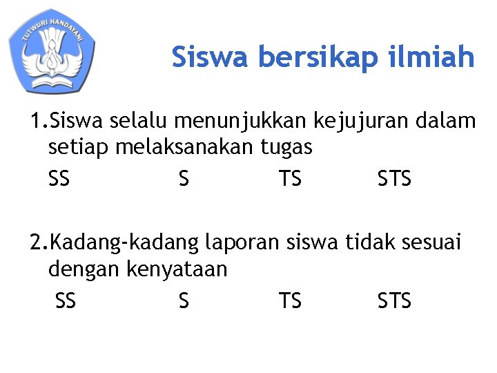 Siswa bersikap ilmiah 1. Siswa selalu menunjukkan kejujuran dalam setiap melaksanakan tugas SS S