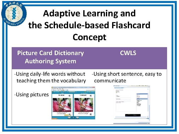 Adaptive Learning and the Schedule-based Flashcard Concept Picture Card Dictionary Authoring System CWLS -Using Adaptive Learning and the Schedule-based Flashcard Concept Picture Card Dictionary Authoring System CWLS -Using
