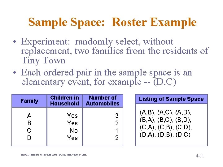 Sample Space: Roster Example • Experiment: randomly select, without replacement, two families from the