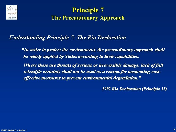 Principle 7 The Precautionary Approach Understanding Principle 7: The Rio Declaration “In order to