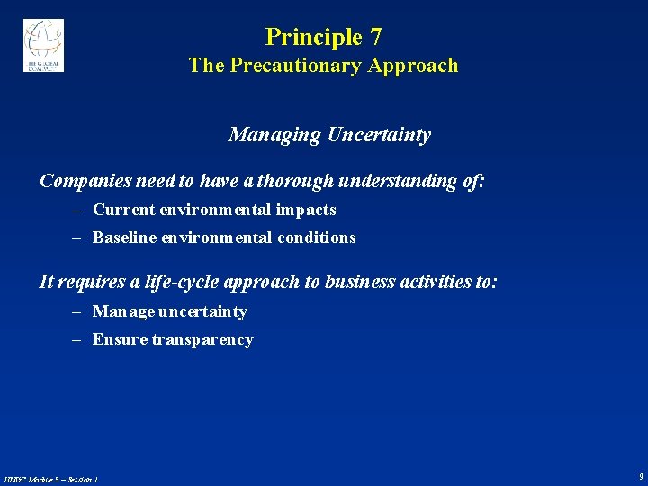 Principle 7 The Precautionary Approach Managing Uncertainty Companies need to have a thorough understanding