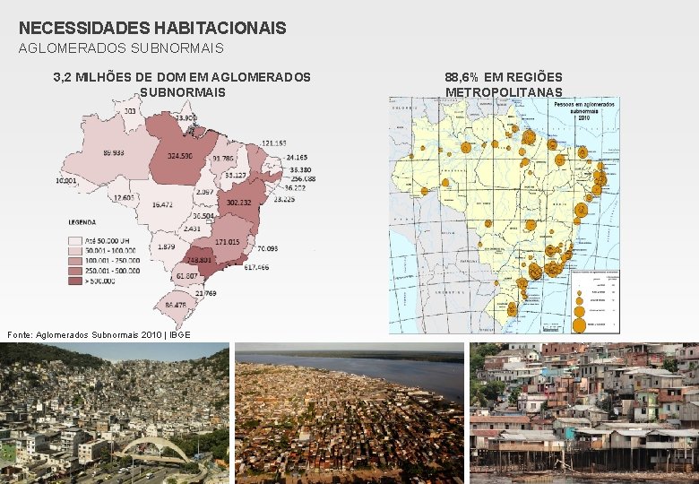 NECESSIDADES HABITACIONAIS AGLOMERADOS SUBNORMAIS 3, 2 MILHÕES DE DOM EM AGLOMERADOS SUBNORMAIS Fonte: Aglomerados