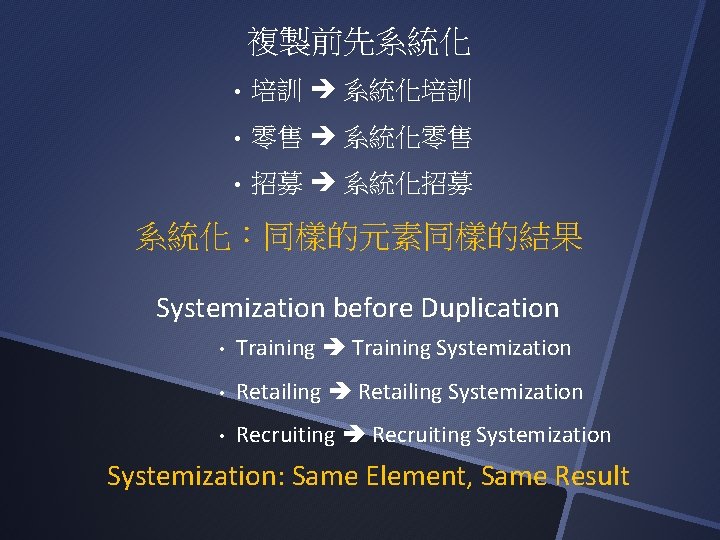 複製前先系統化 • 培訓 系統化培訓 • 零售 系統化零售 • 招募 系統化招募 系統化：同樣的元素同樣的結果 Systemization before Duplication