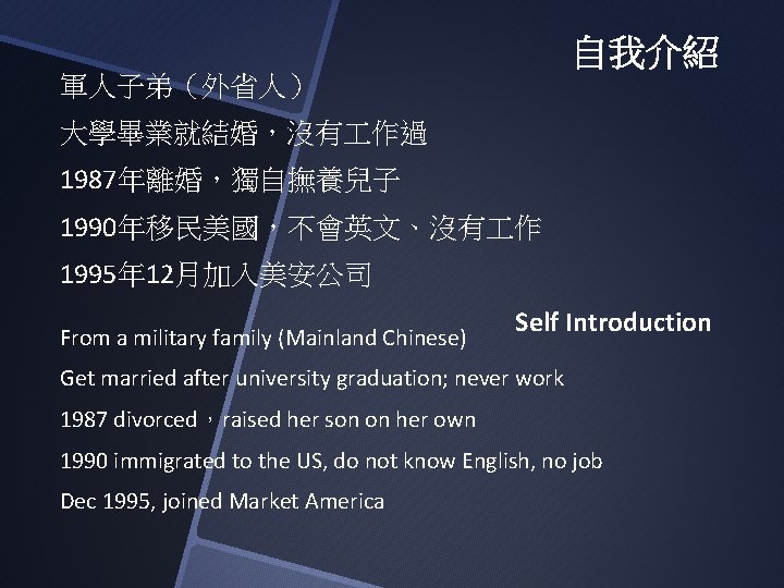 自我介紹 軍人子弟（外省人） 大學畢業就結婚，沒有 作過 1987年離婚，獨自撫養兒子 1990年移民美國，不會英文、沒有 作 1995年 12月加入美安公司 From a military family (Mainland