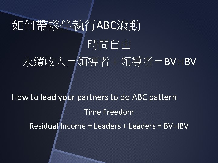 如何帶夥伴執行ABC滾動 時間自由 永續收入＝領導者＋領導者＝BV+IBV How to lead your partners to do ABC pattern Time Freedom