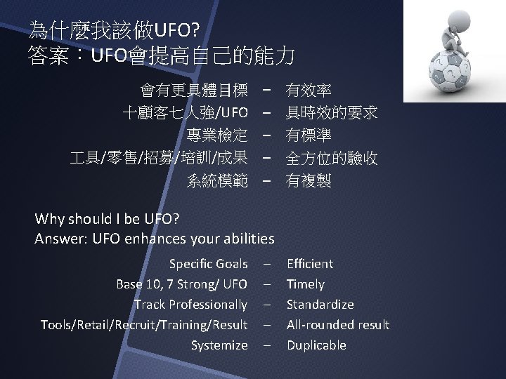為什麼我該做UFO? 答案：UFO會提高自己的能力 會有更具體目標 十顧客七人強/UFO 專業檢定 具/零售/招募/培訓/成果 系統模範 – – – 有效率 具時效的要求 有標準 全方位的驗收